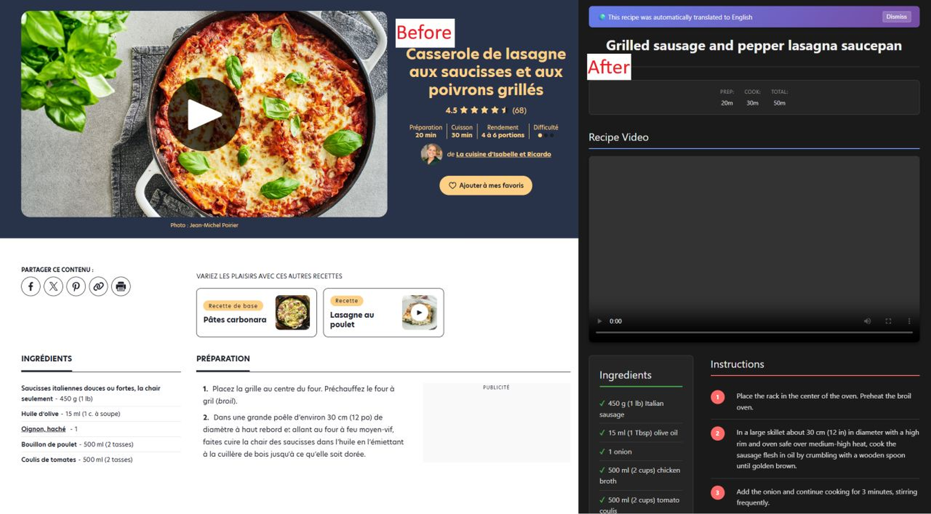 Boil It Down extension showing decluttered recipe with ingredients and instructions